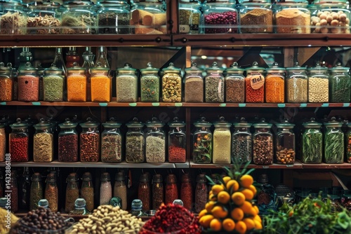 Wallpaper Mural A display of glass jars filled with colorful spices and herbs on a wooden shelf in a market, Rows of neatly organized herbs and spices bursting with fragrance Torontodigital.ca