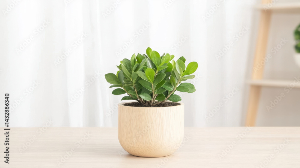Fototapeta premium beautiful indoor plant in light wooden planter adds touch of nature to any space, enhancing ambiance with its vibrant green leaves and modern design