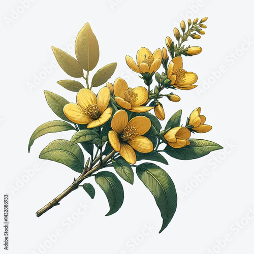 A sprig of yellow flowers and leaves coloured sketch