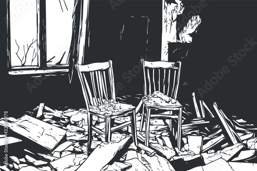 Two old wooden chairs surrounded by debris and broken wood inside an abandoned dilapidated room with a window