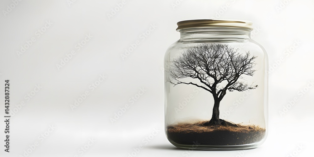Leafless oak tree in a glass jar, on a white background Leafless oak tree in a glass jar, on a white background