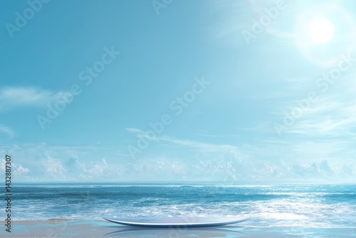 Surfboard on Beach Blue Sky Ocean Water