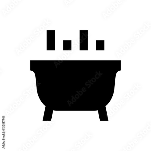 Illustration of a black bathtub with three legs and four rectangular shapes above it in solid black color