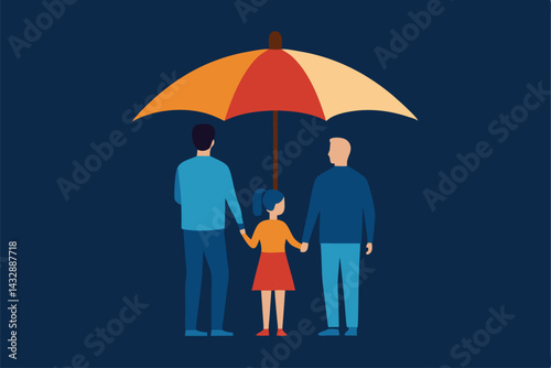 family huddling under shared umbrella