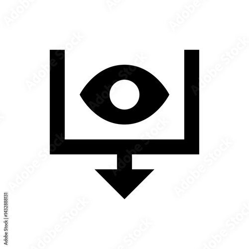 Eye symbol within a box with an arrow pointing down representing a visual download concept image icon