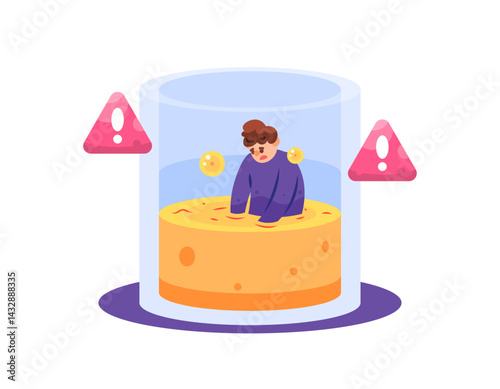 illustration of a man looking bad and soaking in a glass of beer. concept of alcohol addiction and feelings. drunk because of stress, depression, frustration. gesture and expression. flat style