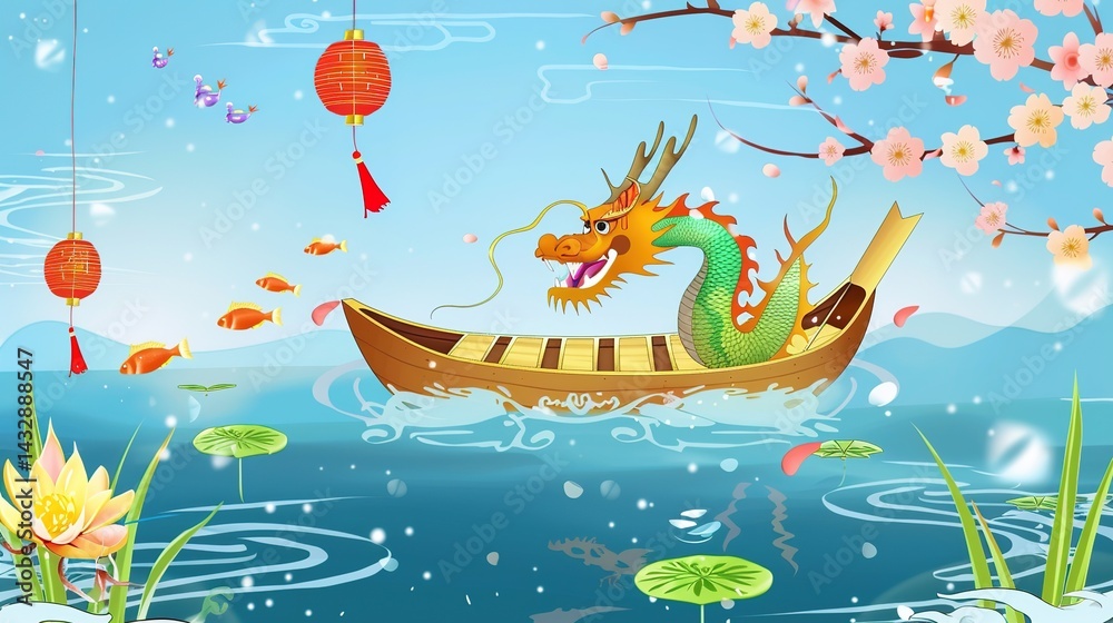 Fototapeta premium Dragon Boat Festival Festive Background: With Colorful Festival Elements, Rendering the Warm Atmosphere and Folk Spectacle of the Traditional Dragon Boat Festival