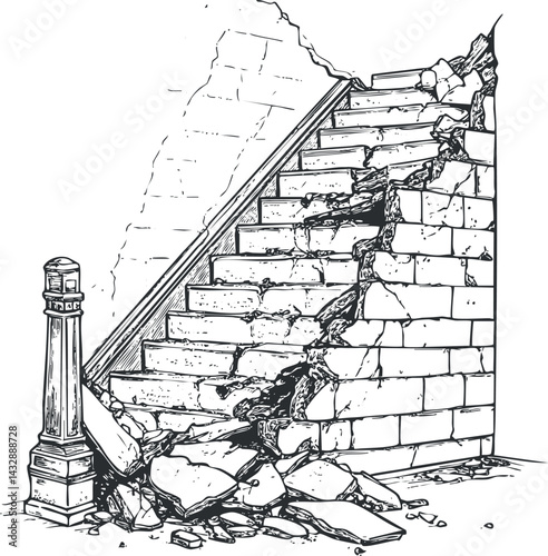 Black and white sketch of broken stone stairs with rubble and cracked wall showing architectural damage and decay