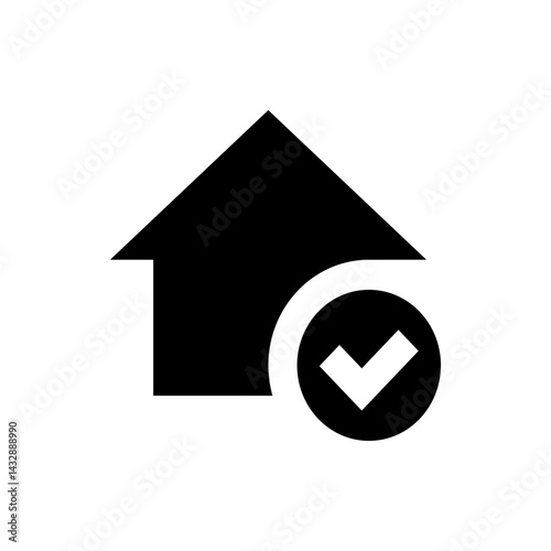 Black house icon with a white check mark inside a black circle indicating approval or completion status