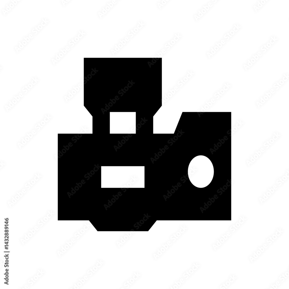 Illustration of a stylized black camera with a white lens and geometric shapes on a white background image