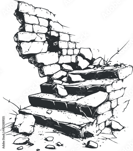 Black and white illustration of broken stone stairs and crumbling wall ruins with debris