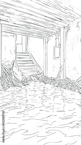 Flooded basement interior with water covering floor and debris scattered around stairs and walls