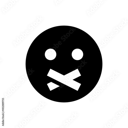 Black circle with two white eyes and a white x covering the mouth in a simple graphic design style
