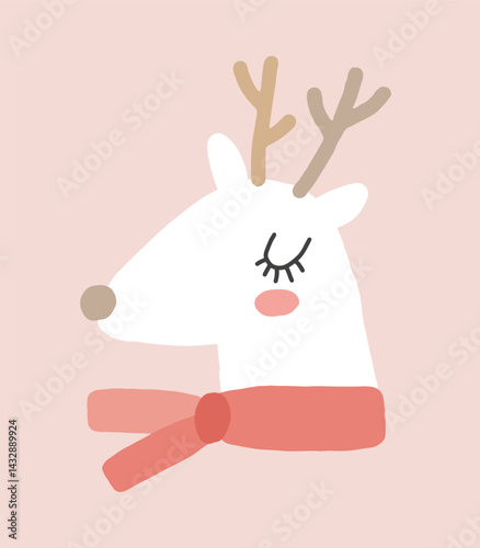 Cute Winter Holidays Vector Illustration with Funny White Reindeer. Hand Drawn Deer with Gold Antlers and Red Scarf Isolated on a Pastel Pink Background. Infantile Style Christmas Card.