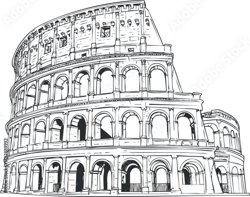 Black and white line drawing of the ancient Roman Colosseum amphitheater showing arches and ruins