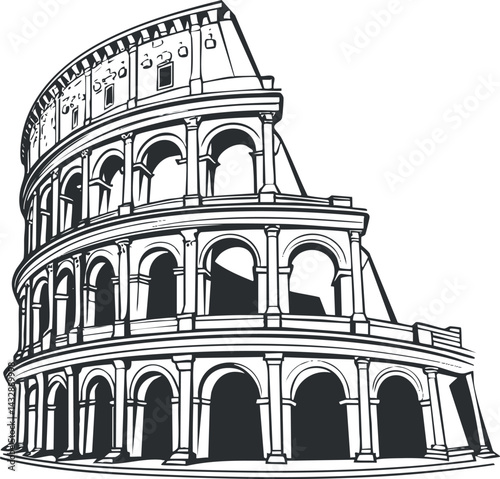 Black and white illustration of the ancient Roman Colosseum with its iconic arches and architecture