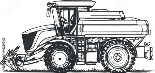 Black and white sketch of a combine harvester used for agricultural harvesting in fields