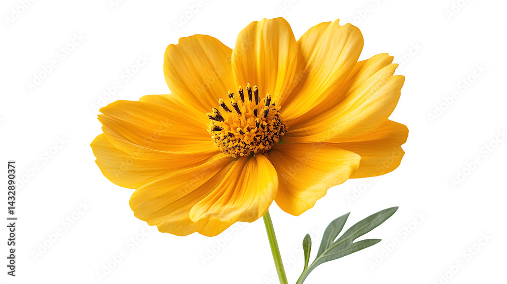 Fototapeta premium A vibrant yellow flower in full bloom with stem and leaves, isolated on white background