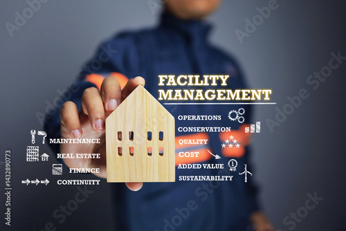 Facility management concept with technician holding a house model to communicate facility management technology services