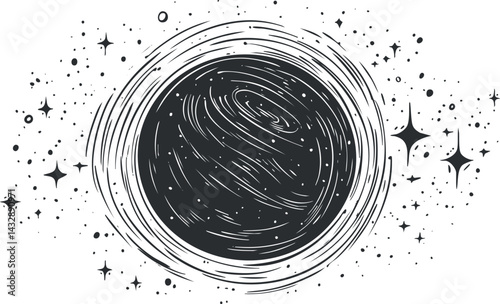 Black hole illustration in space surrounded by stars and cosmic swirl patterns in monochrome