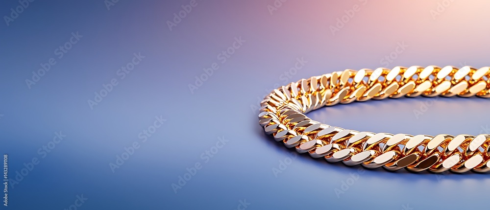 Fototapeta premium Thick, gleaming gold chain on a blue background, with soft gradient lighting from above