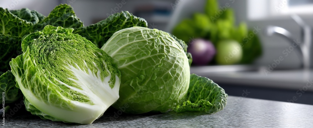 Fototapeta premium Fresh cabbages on a kitchen counter