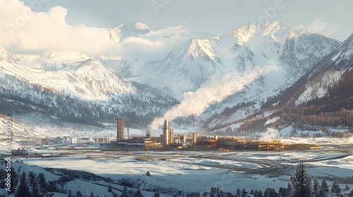 Snow covered mountains surround a small village with buildings and smoke rising.