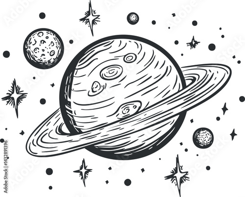 Hand-drawn black and white illustration of a ringed planet surrounded by moons and stars in space