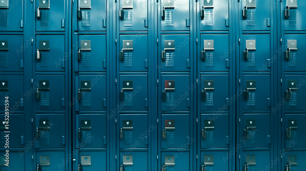 A row of blue metal lockers in a school hallway. A row of blue metal lockers in a school hallway.