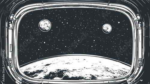 Fototapeta Naklejka Na Ścianę i Meble -  Black and white illustration of outer space view from spacecraft window showing planets earth and stars