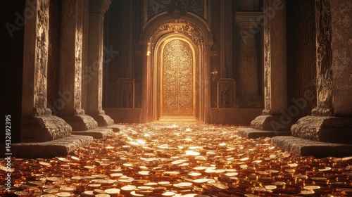 Gold coins cover the floor of a majestic, ancient hallway leading to a glowing arched doorway.