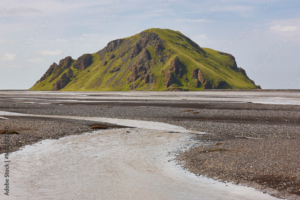 Eyjafjalajokul volcanic area. Creeks and green mountain. Iceland landscape