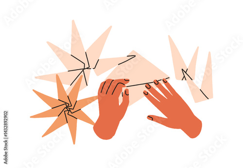 Origami, Japan paper art and craft. Hands making handmade toy, folding, shaping figures, creative decoration, oriental asian DIY handcraft. Flat vector illustration isolated on white background