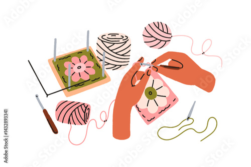 Crocheting, knitting, handmade craft. Hands with wool yarn balls, DIY needlecraft, needlework. Creative hobby, handwork, handcraft business. Flat vector illustration isolated on white background