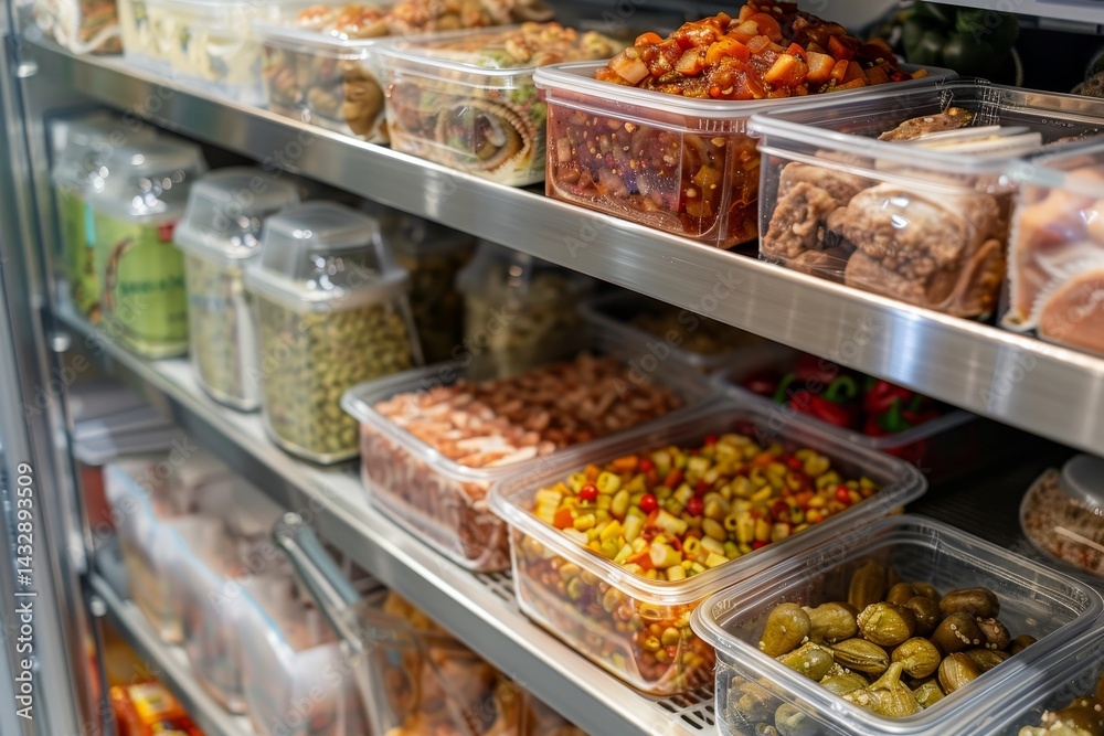 A well-stocked refrigerator with various food items neatly stored in clear plastic containers, Labeling and storing food items appropriately to prevent spoilage A well-stocked refrigerator with various food items neatly stored in clear plastic containers, Labeling and storing food items appropriately to prevent spoilage