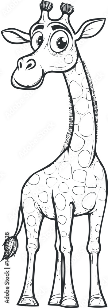 Naklejka premium Black and white cartoon illustration of a cute giraffe with big eyes and long neck in a playful style.