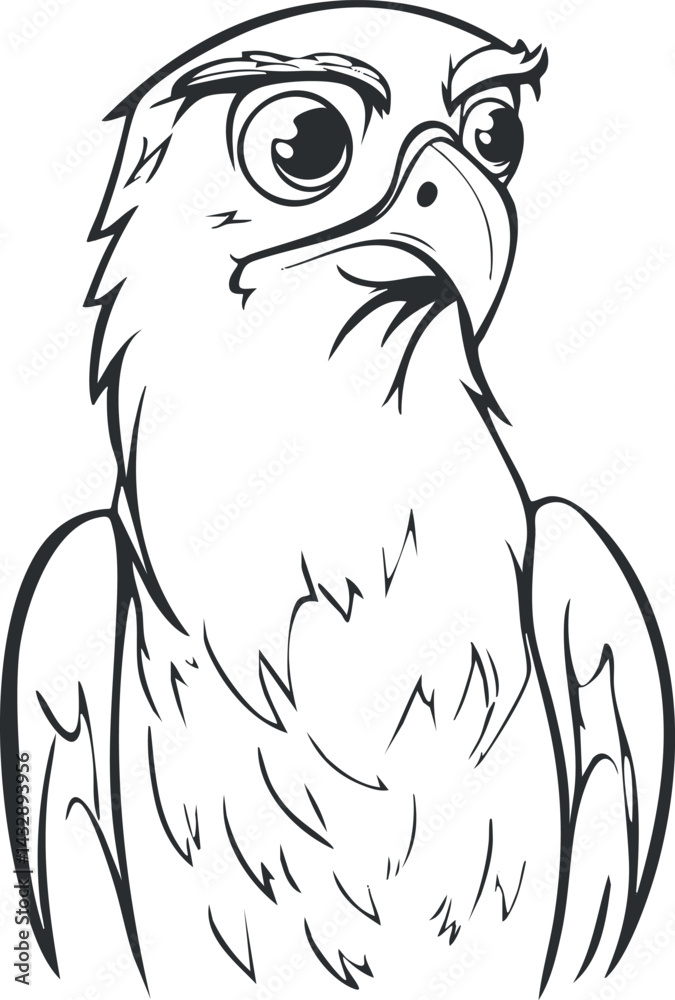 Fototapeta premium Black and white outline illustration of a majestic eagle bird with sharp beak and wings shown in profile.