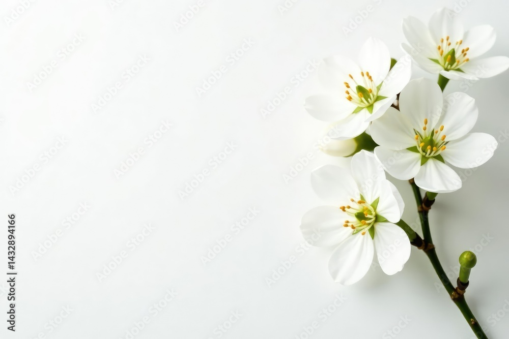 Fototapeta premium Delicate white flower blossoms against pure white backdrop, peaceful, white