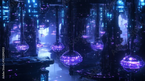 Futuristic purple and blue glowing cavern city with floating orbs.