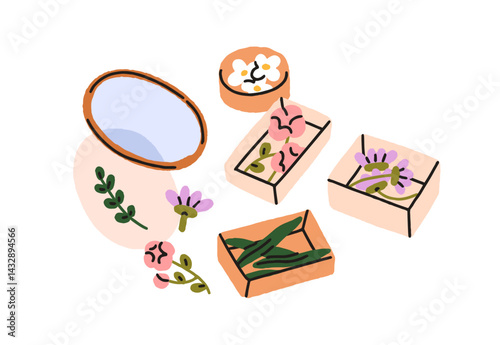 Flower drying in boxes for herbarium, floral handmade decoration, scrapbooking. Nature art and craft with dried plants, botanical collection. Flat vector illustration isolated on white background