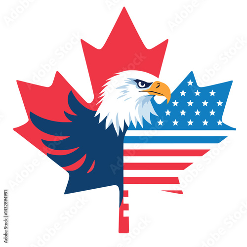 Vsai american bald eagle embracing canadian and usa flag on maple leaf