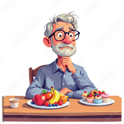 Vsai senior man choosing between healthy fruits and unhealthy sugary cakes and pastries