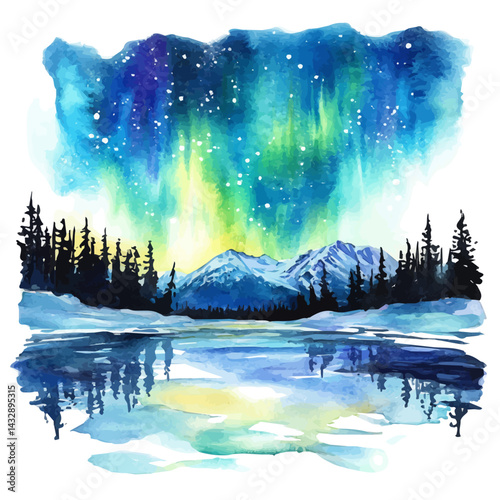 illustration of Aurora Borealis Above A Frozen Lake, watercolor vector, isolated on a white background.