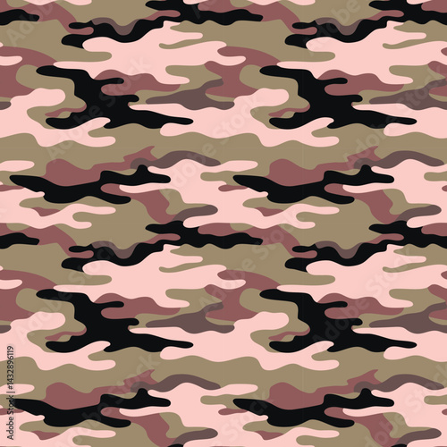 Seamless camouflage pattern with green, brown, black, and pink tones, perfect for military, hunting, and fashion applications