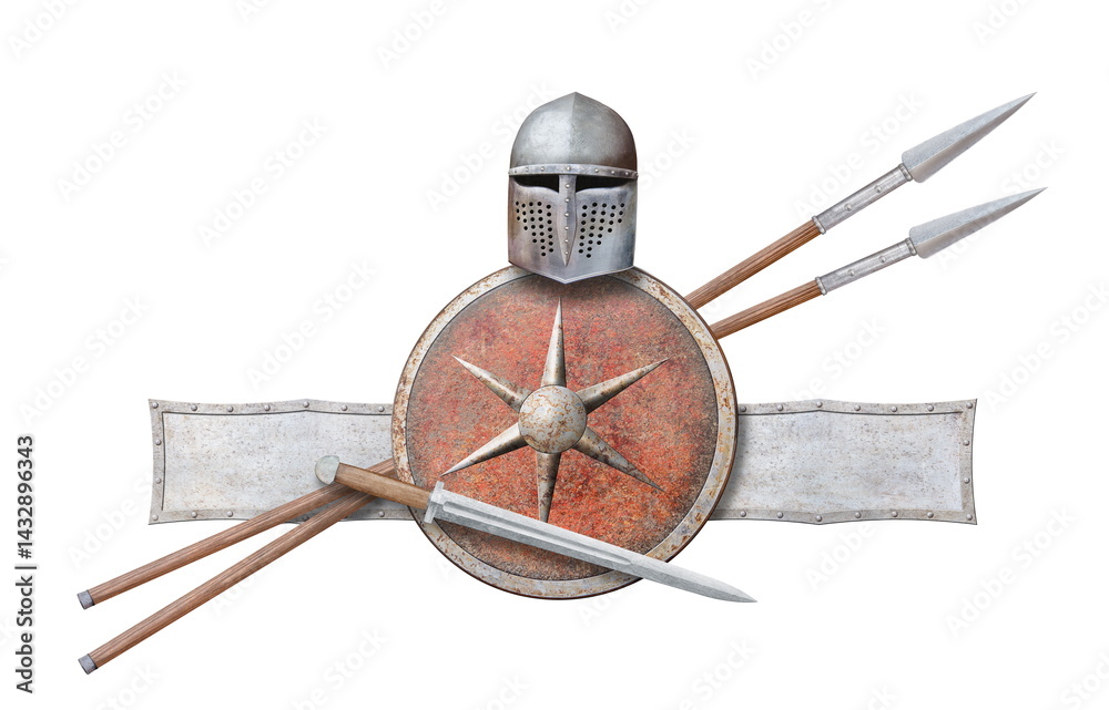 Naklejka premium medieval helmet shield sword and two spears isolated on white