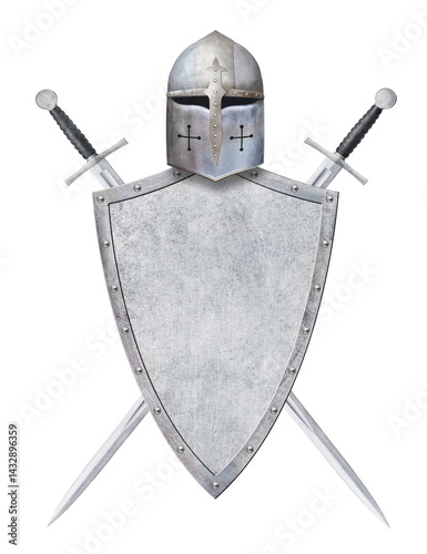 knight's helmet iron shield and two swords isolated on white