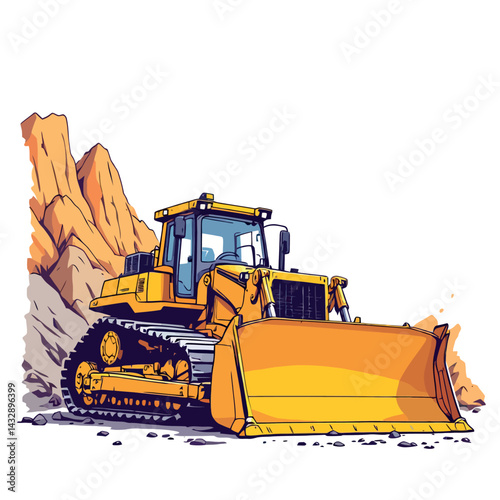 Vsai powerful yellow bulldozer working on a construction site near rocky mountains