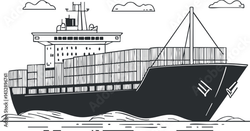 Black and white illustration of a container cargo ship sailing on the sea with visible stacked containers and waves.