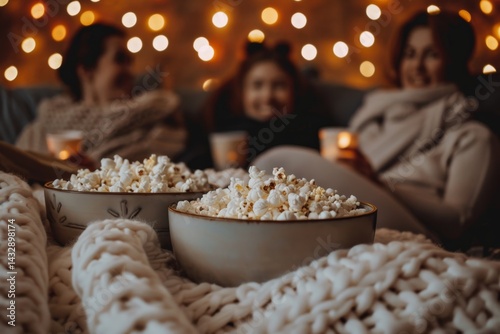 Close-up of two bowls of popcorn on a blanket, with blurred friends enjoying a movie night in the background, Friends having a movie night with popcorn and blankets
