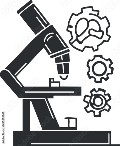 Black and white icon of a microscope with gears and cell illustration representing scientific research and biology study